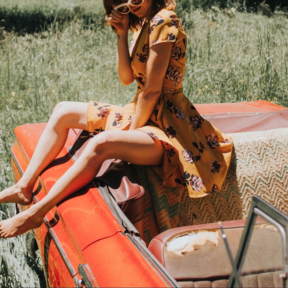 Honey Punch, mustard yellow wrap dress